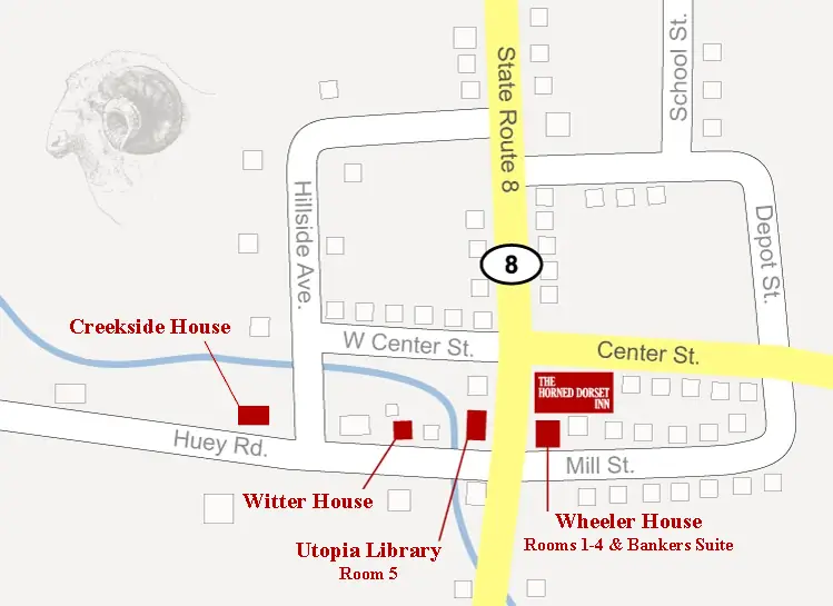 Horned Dorset Inn Campus Map - locations of five buildings
